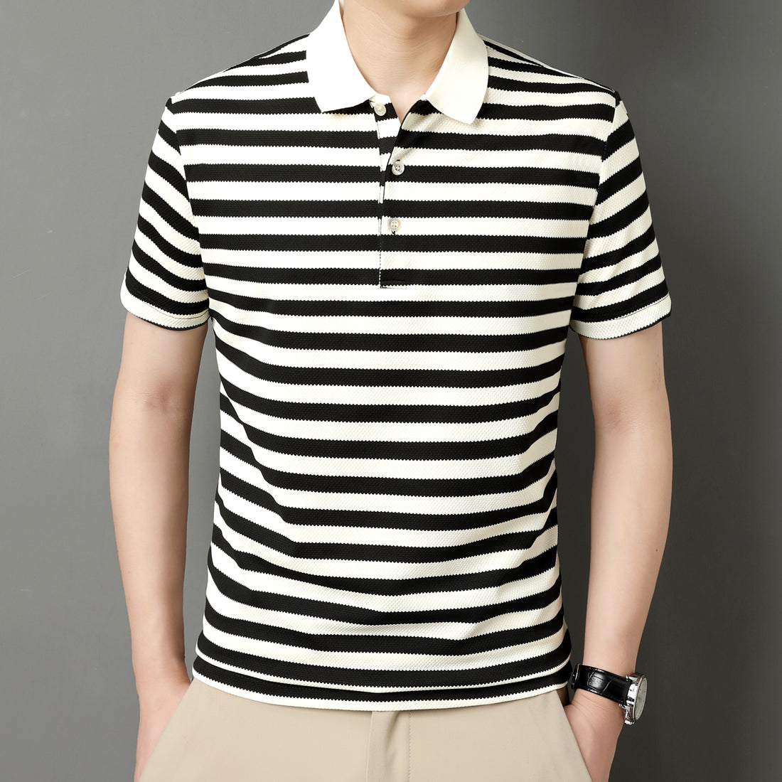 Men's Striped Polo Style Cotton Rich Collar Neck T-Shirt