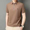 Men’s Solid Color Zipper Polo Shirt with Stand Collar and Short Sleeves - Combraided 