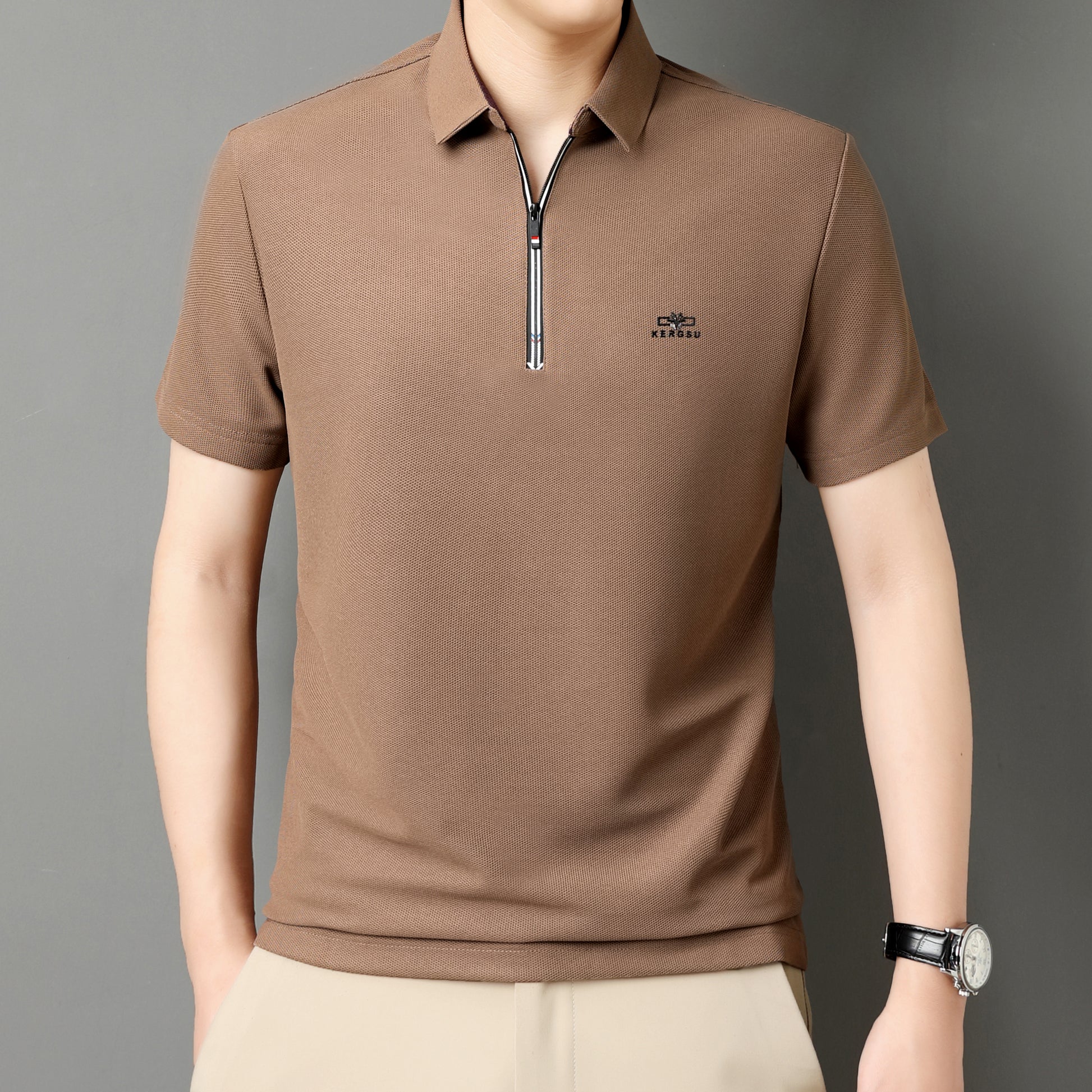 Men’s Solid Color Zipper Polo Shirt with Stand Collar and Short Sleeves - Combraided 