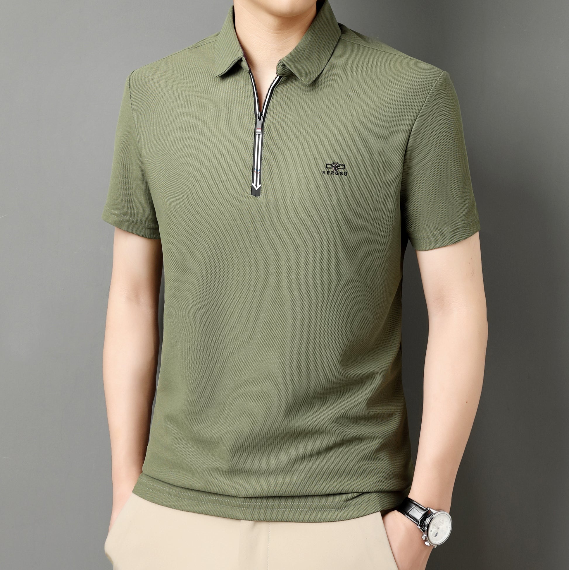 Men’s Solid Color Zipper Polo Shirt with Stand Collar and Short Sleeves - Combraided 