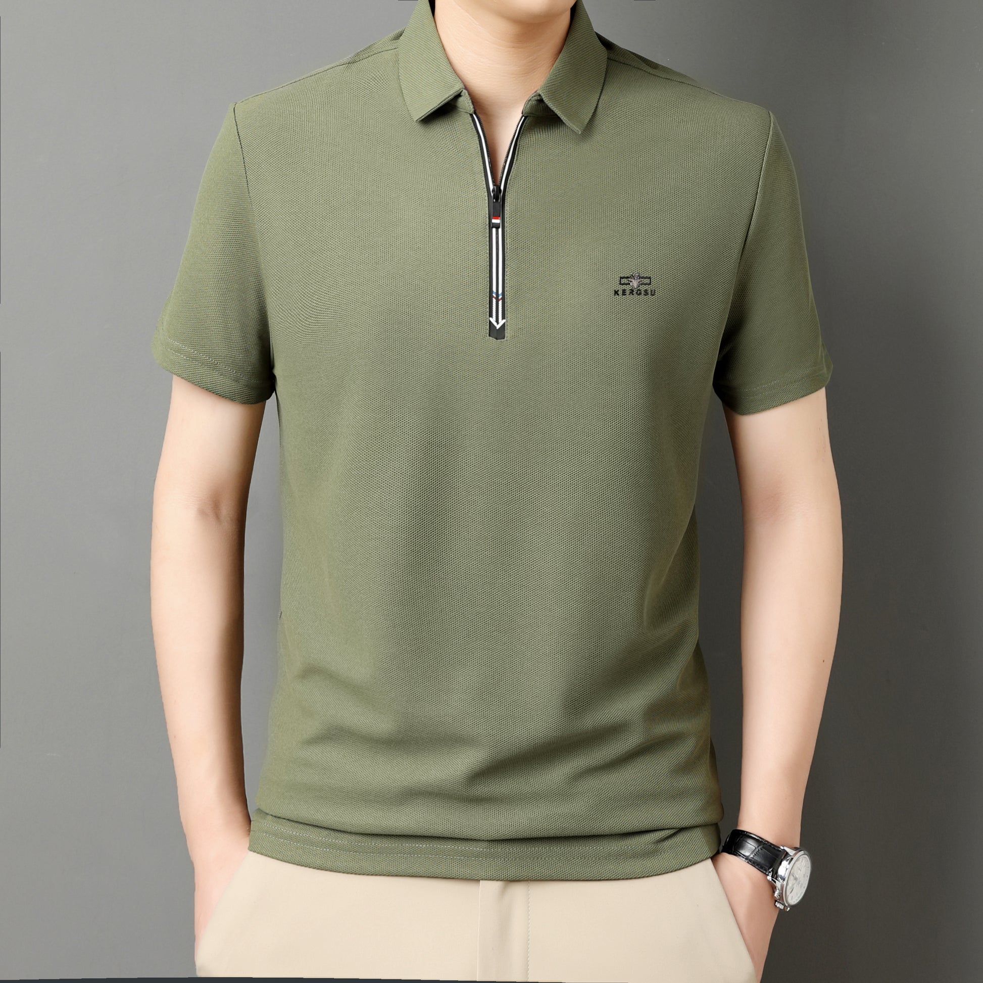 Men’s Solid Color Zipper Polo Shirt with Stand Collar and Short Sleeves - Combraided 