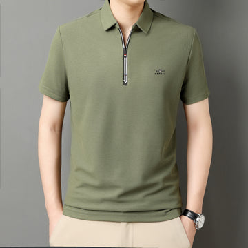 Men’s Solid Color Zipper Polo Shirt with Stand Collar and Short Sleeves - Combraided 