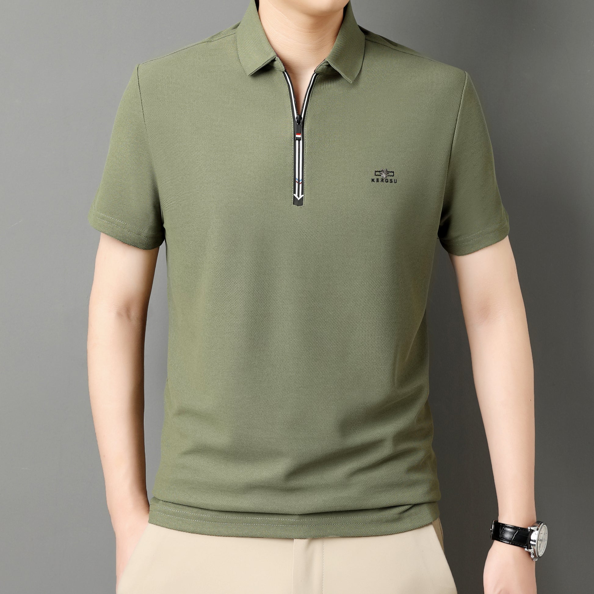 Men’s Solid Color Zipper Polo Shirt with Stand Collar and Short Sleeves - Combraided 