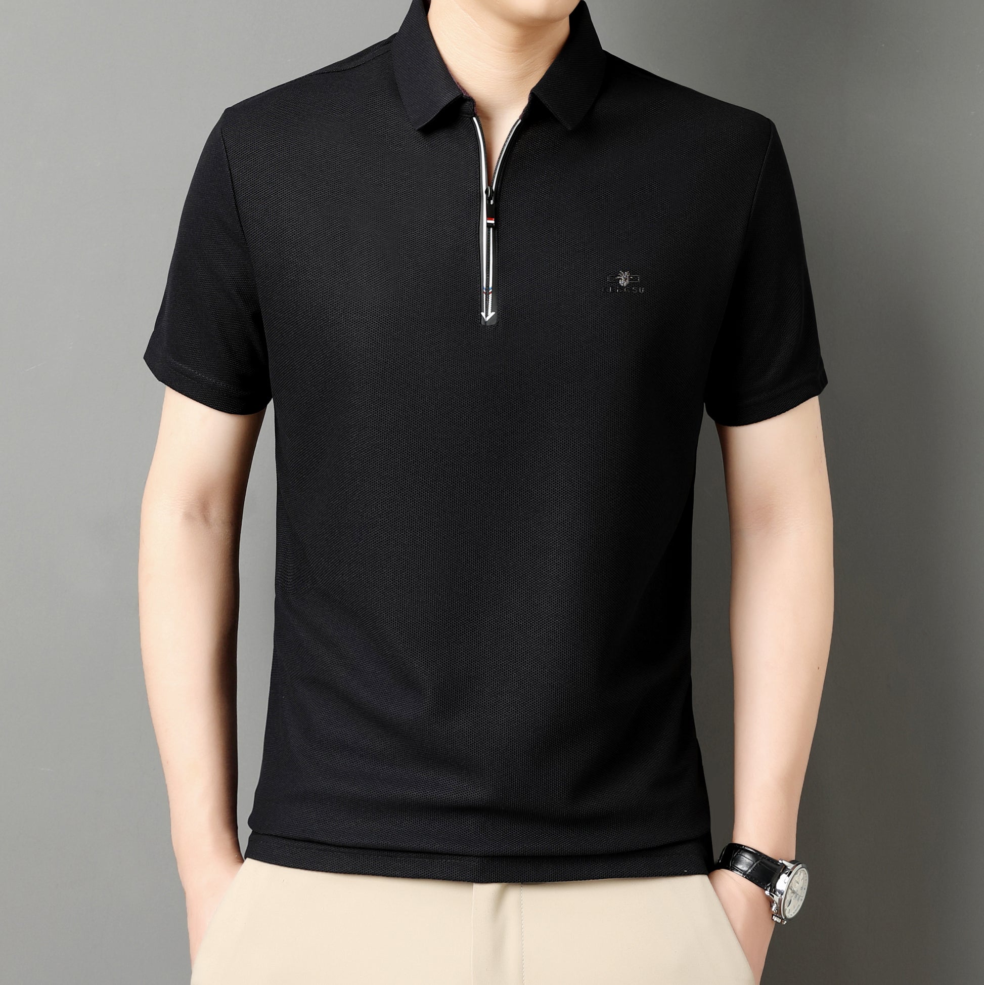 Men’s Solid Color Zipper Polo Shirt with Stand Collar and Short Sleeves - Combraided 