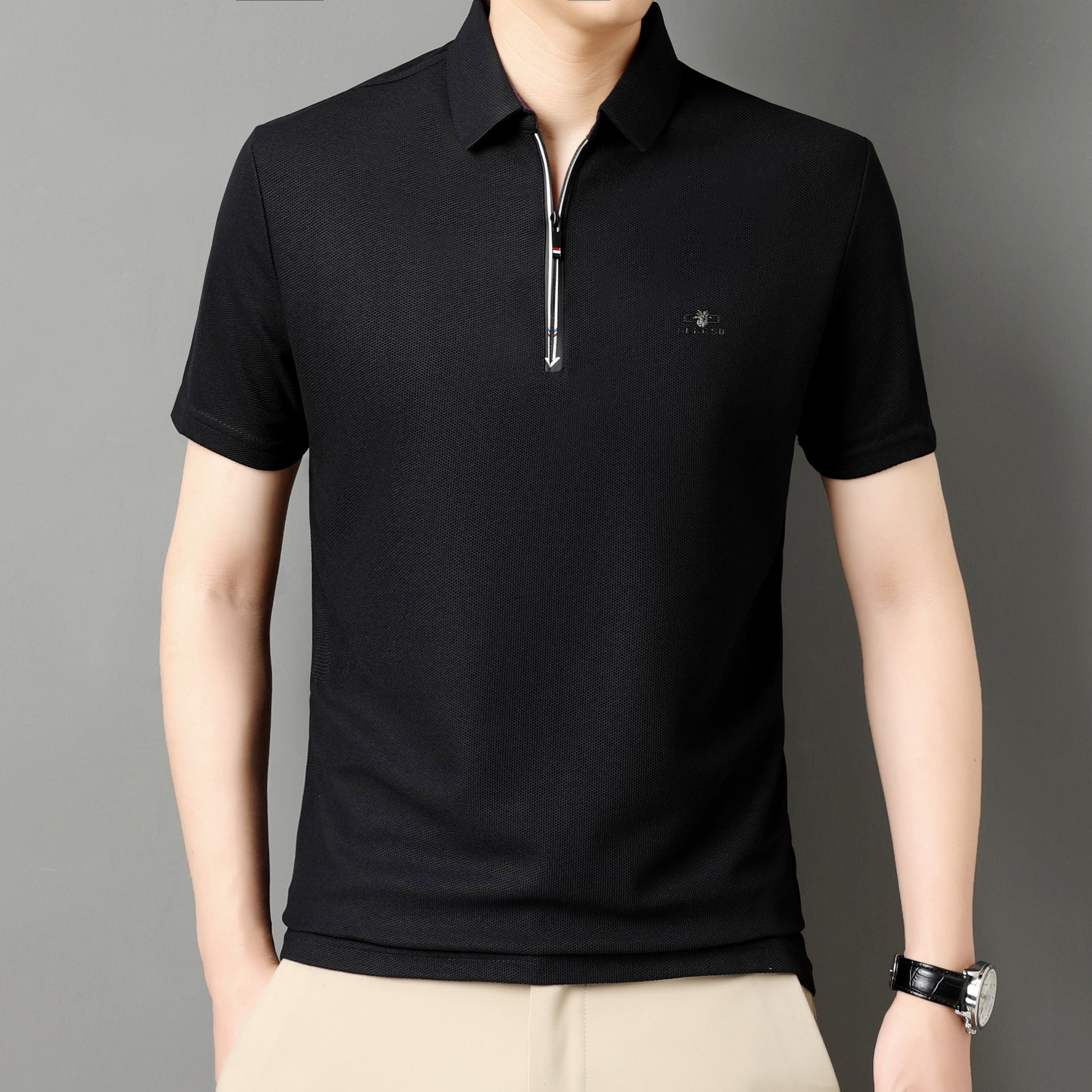 Men’s Solid Color Zipper Polo Shirt with Stand Collar and Short Sleeves - Combraided 