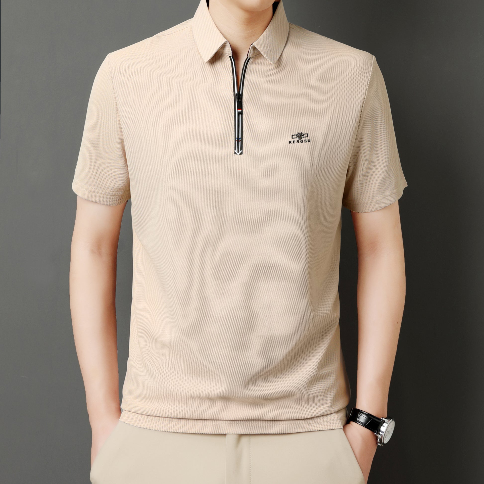 Men’s Solid Color Zipper Polo Shirt with Stand Collar and Short Sleeves - Combraided 