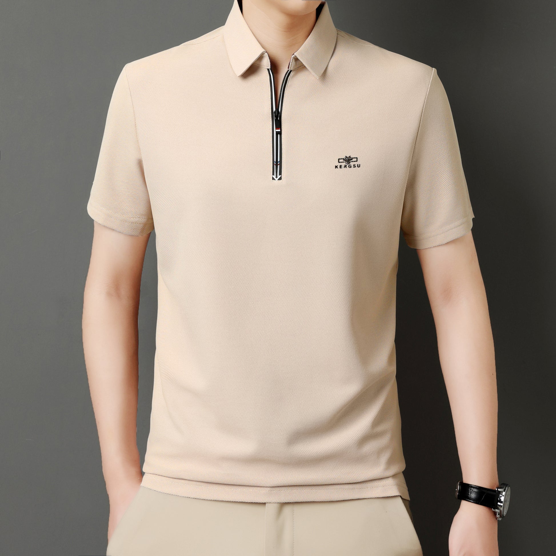 Men’s Solid Color Zipper Polo Shirt with Stand Collar and Short Sleeves - Combraided 