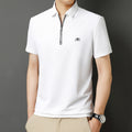 Men’s Solid Color Zipper Polo Shirt with Stand Collar and Short Sleeves - Combraided 