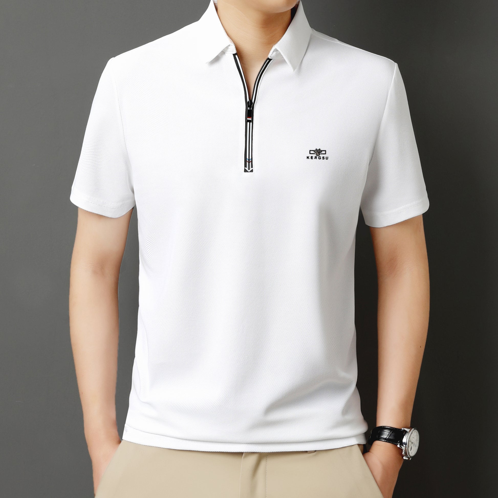 Men’s Solid Color Zipper Polo Shirt with Stand Collar and Short Sleeves - Combraided 