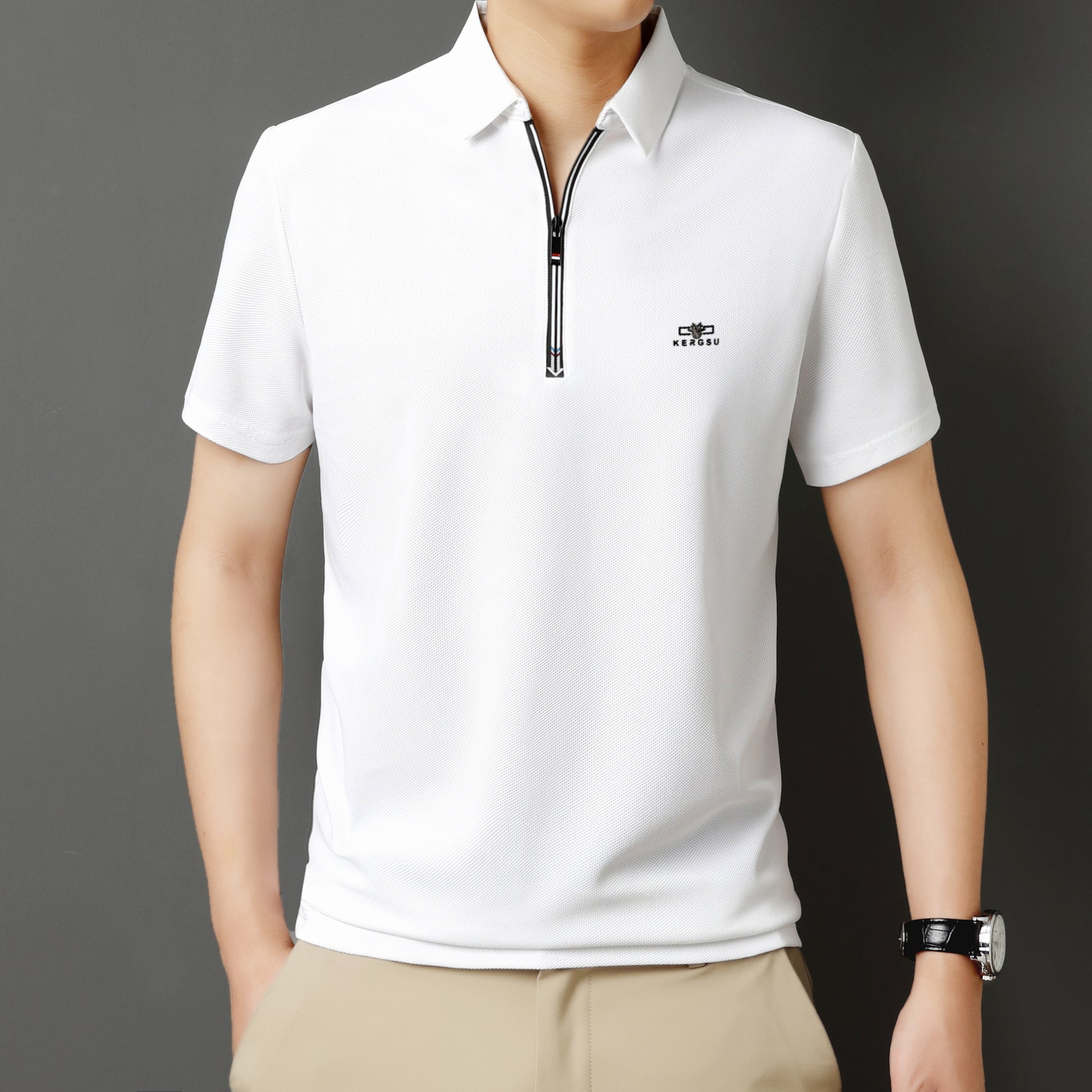 Men’s Solid Color Zipper Polo Shirt with Stand Collar and Short Sleeves - Combraided 