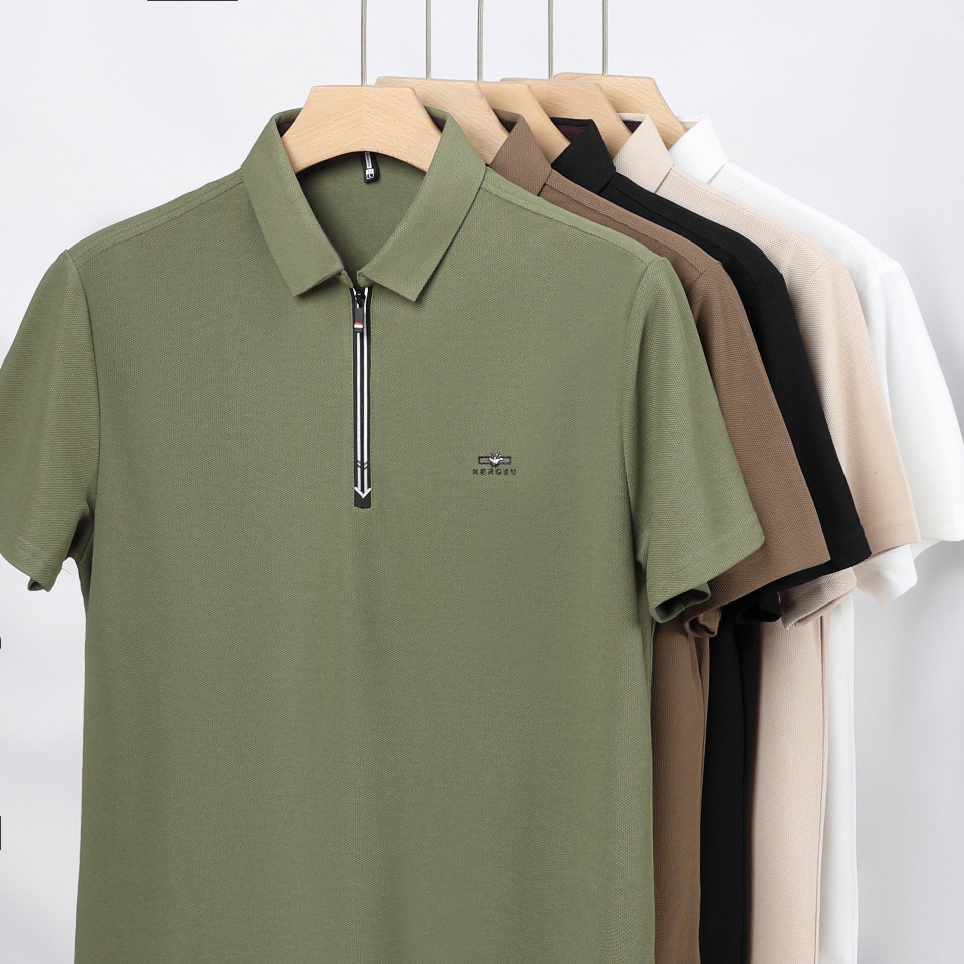 Men’s Solid Color Zipper Polo Shirt with Stand Collar and Short Sleeves - Combraided 